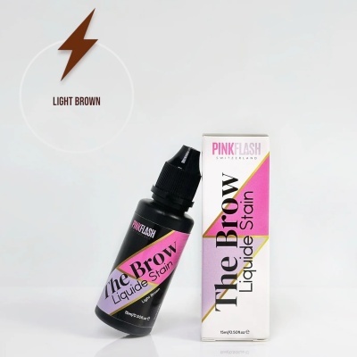 Frasco preto e embalagem branca do produto The Brow Liquide Stain light brown da PinkFlash.