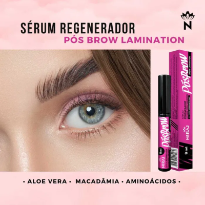 Sérum regenerador rosa para pós brow lamination com imagem de olho e sobrancelha, embalagem e ingredientes listados.
