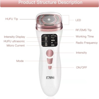 Aparelho de beleza branco com detalhes rosa e dourado e ecrã de intensidade