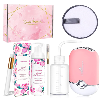 Conjunto para cuidados de pestanas com champô, escova, frasco e dispositivo cor-de-rosa