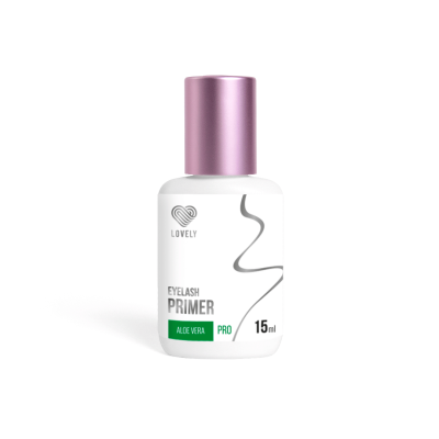 Frasco de primer para pestanas com tampa roxa e rótulo branco com verde