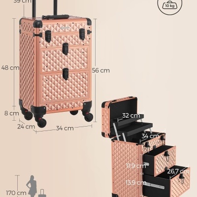 Mala de maquilhagem rígida rosa com padrão quadriculado e várias gavetas