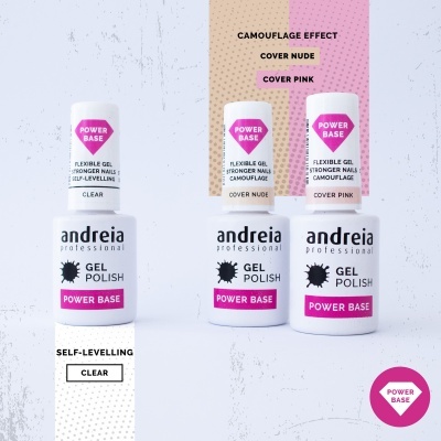 Frascos de verniz gel Power Base da andreia professional em três variantes de cor