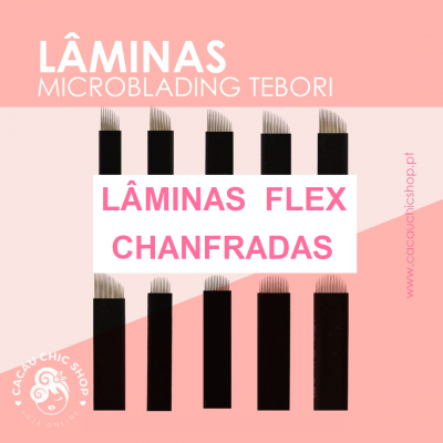 Lâminas flex chanfradas para microblading tebori em fundo rosa com texto e logo
