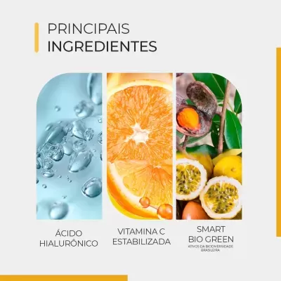 Imagem dos principais ingredientes: ácido hialurónico, vitamina C estabilizada, Smart Bio Green.