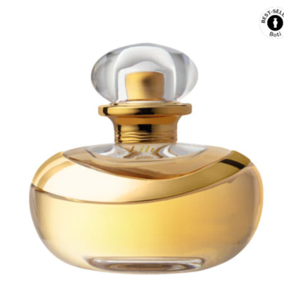 Frasco de perfume vidro transparente com líquido amarelo e detalhes dourados