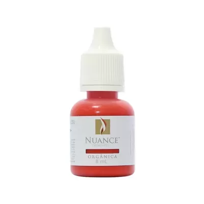 Frasco pequeno de tinta vermelha para micropigmentação Nuance Orgânica com tampa branca