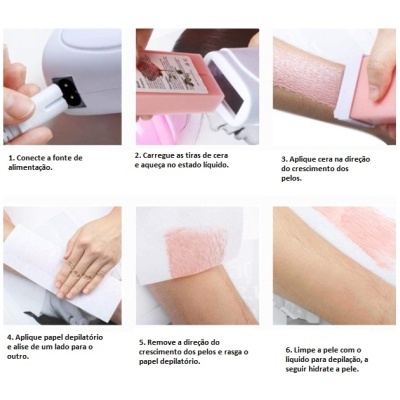 Passos para usar kit depilatório com cera rosa e papel depilatório branco em pele clara