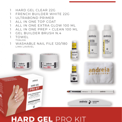 Kit PRO gel de construção unhas com vários produtos Andreia Professional e embalagem