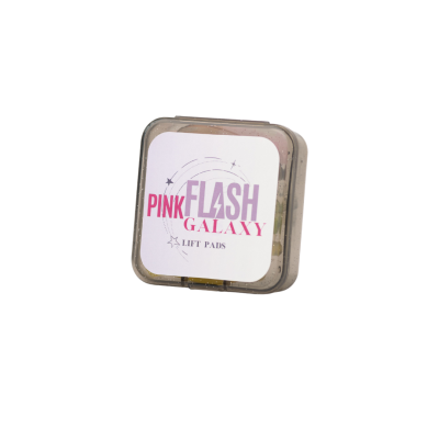 Caixa pequena quadrada com etiqueta com texto Pink Flash Galaxy Lift Pads