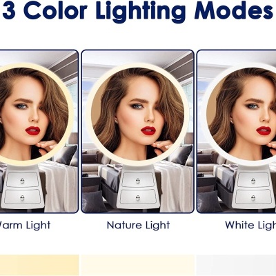 Espelho de luz com três modos de iluminação mostrando rosto de mulher e ambiente interno moderno