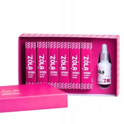 Conjunto de tinturas ZOLA Henna com seis caixas de cores diferentes e frasco conta-gotas numa caixa rosa.