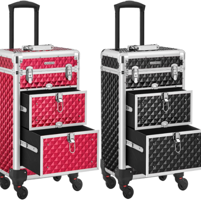 Carrinhos de maquilhagem vermelho e preto com rodas e gavetas abertas