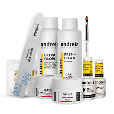 Conjunto de produtos Andreia Professional para unhas com frascos, gel, lima e pincel