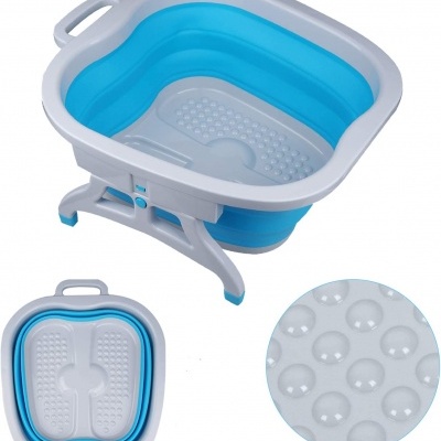 Banheira dobrável para pés em plástico cinzento e azul com textura antiderrapante