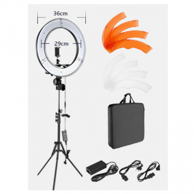 Anel de luz LED com tripé preto, difusores coloridos e bolsa preta