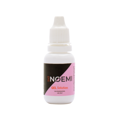 Frasco branco de solução de gel tinta NOEMI com etiqueta rosa e preta