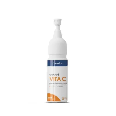 Frasco branco Smart VITA C 5ml com rótulo azul e laranja