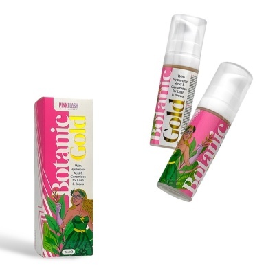 Frasco de produto Botanic Gold com embalagem colorida e ilustração de mulher.