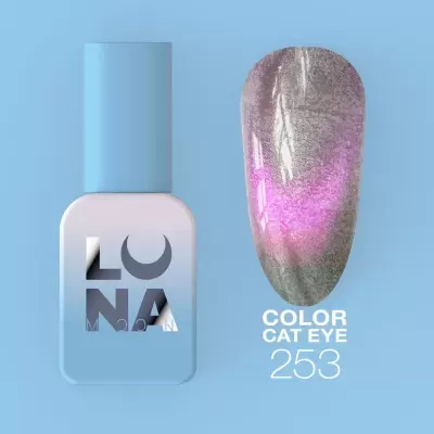 Frasco de verniz de unhas azul claro e amostra de cor cat eye prateada com reflexos rosa.