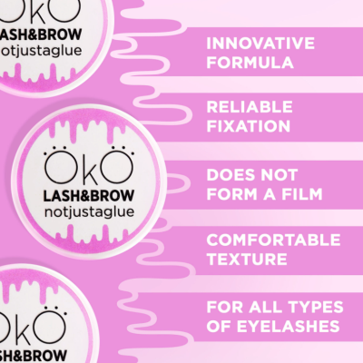 Produto Öko Lash&Brow notjustaglue com texto promocional em fundo rosa