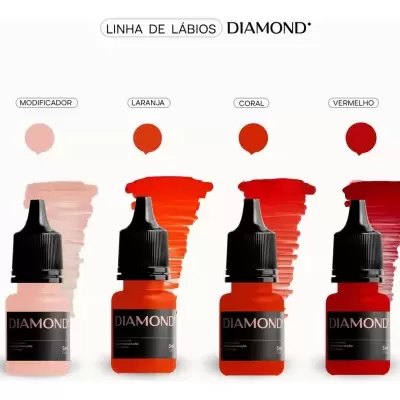 Quatro frascos de pigmentos para lábios DIAMOND com cores rosa claro, laranja, coral e vermelho