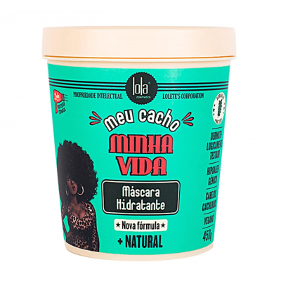 Máscara hidratante para cabelo Lola Cosméticos com embalagem turquesa e tampa bege