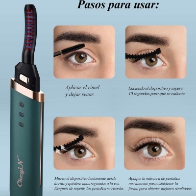 Aparelho modelador de pestanas verde com luzes vermelhas e instruções em espanhol