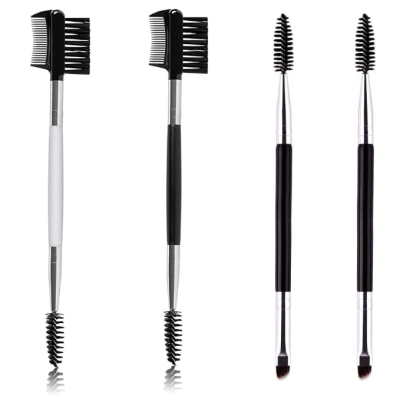 Quatro pinceis duplos para sobrancelhas, dois com escova e pente, dois com escova e ponta para maquilhagem, em preto, branco e prata