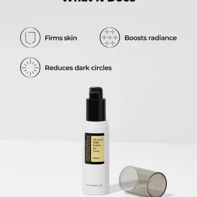 Frasco branco de creme Advanced Snail Peptide Eye Cream da COSRX com tampa transparente removida sobre fundo cinza claro