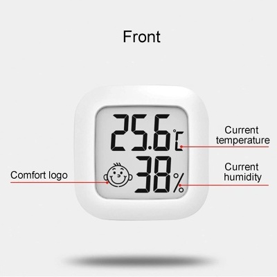 Termómetro digital branco com leitura de temperatura e humidade