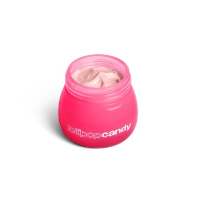 Frasco rosa de creme aberto com texto lollipop candy