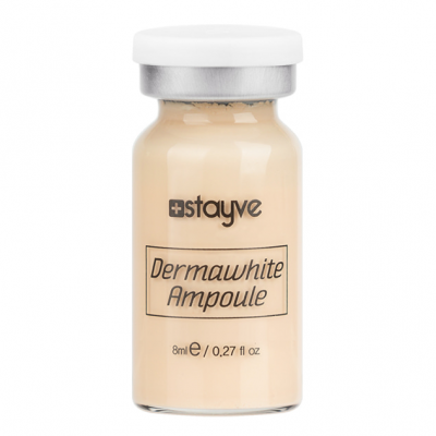 Frasco transparente com líquido bege e rótulo 'stayve Dermawhite Ampoule'