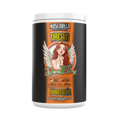 Embalagem de máscara capilar DREAM com rótulo preto e laranja e imagem de mulher ruiva com asas