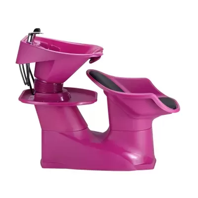 Lavacabeças de salão cor rosa com assento almofadado preto e bacia de lavagem