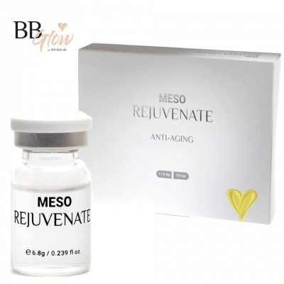 Frasco e embalagem branca do produto MESO REJUVENATE anti-aging com símbolo amarelo de coração