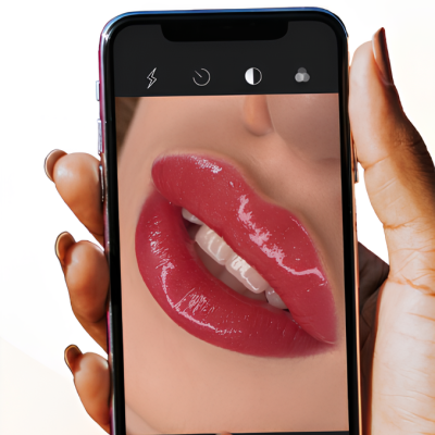 Telemóvel a mostrar lábios com batom vermelho brilhante