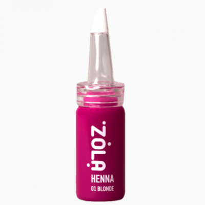 Frasco plástico rosa com tampa branca e rótulo ZOLA HENNA 01 BLONDE