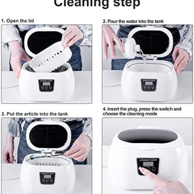 Aparelho de limpeza por ultrassons branco com display digital e botões em quatro passos ilustrados de limpeza