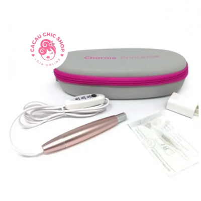 Caneta elétrica dourada para manicure com estojo cinza e carregador