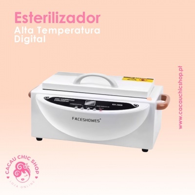 Esterilizador digital branco com detalhes rosa e painel frontal preto e branco