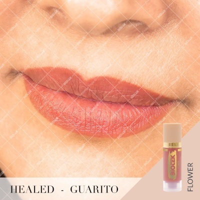 Lábios com batom castanho avermelhado e embalagem pequena do batom MOIXX