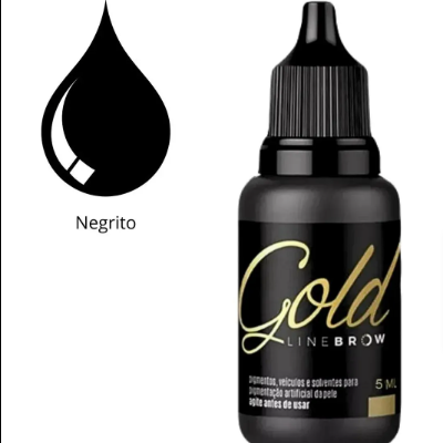Frasco preto de 5 ml com rótulo Gold LINE BROW e uma gota preta ao lado