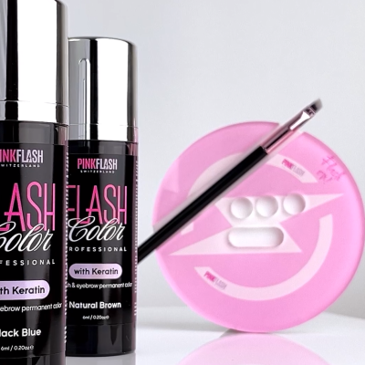 Frascos de coloração para pestanas e sobrancelhas PINKFLASH Black Blue e Natural Brown com pincel e suporte rosa.