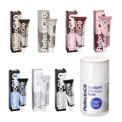 Produtos RefectoCil para coloração, incluindo tubos numerados e frasco de oxidante