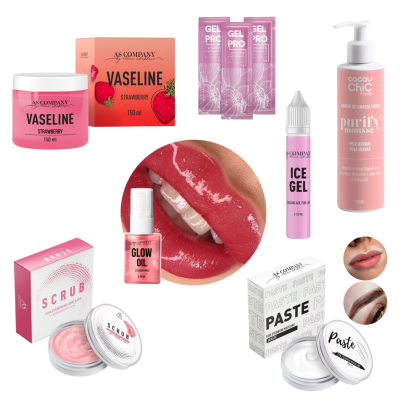 Produtos de beleza para lábios e rosto em embalagens rosas e brancas