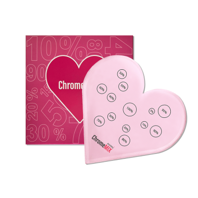 Produto em forma de coração rosa claro com percentagens e embalagem rosa escuro com coração vermelho