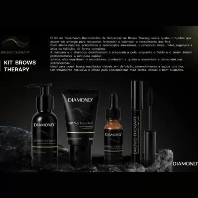 Kit de tratamento para sobrancelhas BROWS THERAPY da DIAMOND em embalagens pretas com texto dourado sobre pedra.
