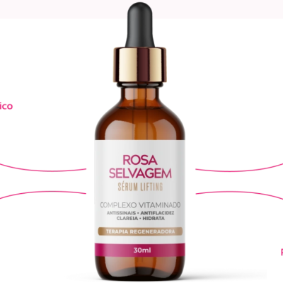 Frasco âmbar de sérum lifting Rosa Selvagem com conta-gotas e rótulo branco e rosa