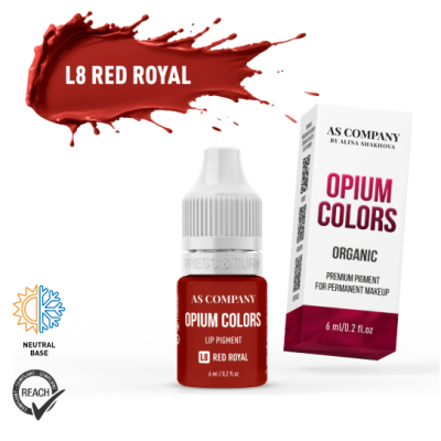 Frasco e caixa do pigmento labial Opium Colors L8 Red Royal